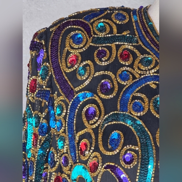 Vintage Laurence Kazar Silk Sequin Beaded Jacket Black Multicolor Size L - Picture 6 of 10
